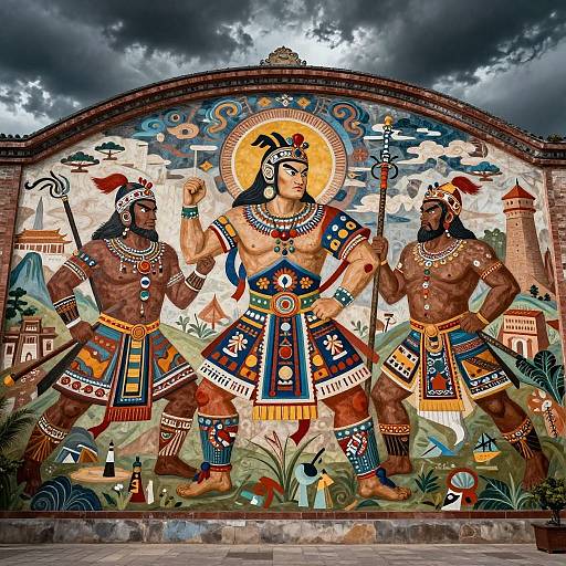 Vivid mural of three muscular, dark-skinned Aztec warriors with colorful headdresses and ornate clothing, standing against a dramatic cloudy sky.