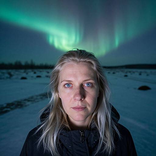 Photograph of a fair-skinned woman with blue eyes and long blonde hair, standing in a snowy landscape at night, illuminated by vibrant green Northern Lights