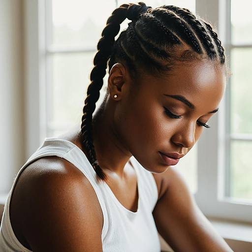 Photograph of a beautiful, dark-skinned woman with braided hair, wearing a white tank top, looking down with closed eyes in soft sunlight from