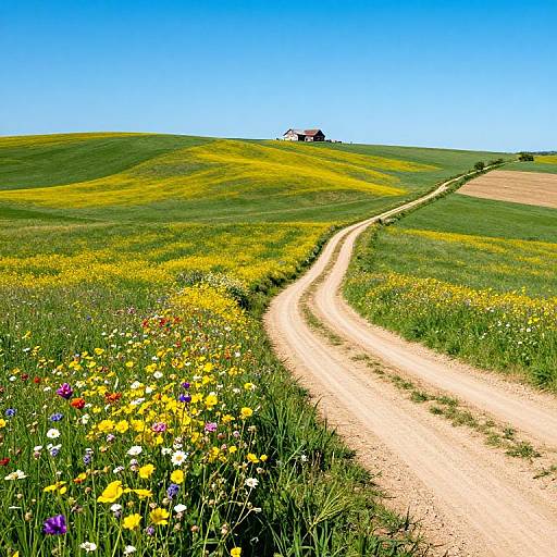 Photograph of a winding dirt path through a vibrant meadow of yellow wildflowers, leading to a small house on a green hill under a clear blue