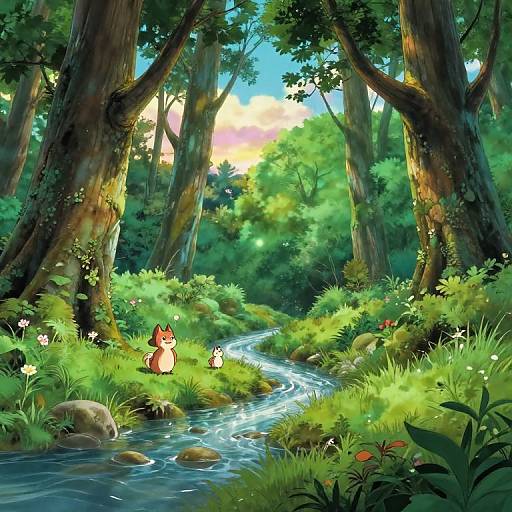 Digital illustration of a sunlit forest with two cute, anthropomorphic foxes by a flowing stream, surrounded by lush greenery and sunlight filtering through tall