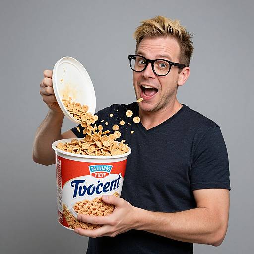 Photograph of a surprised, blond, fair-skinned man with black-rimmed glasses, black t-shirt, pouring Cinnamon Toast Crunch into a