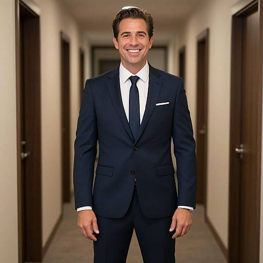 Photograph of a smiling man in a dark navy suit, white shirt, and black tie, standing in a white-walled, wooden-door hallway.
