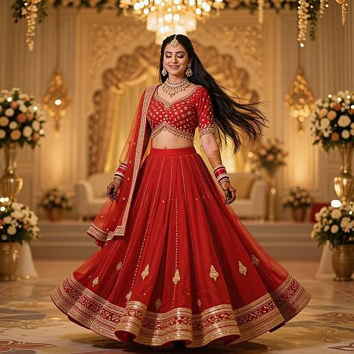 Photograph of a beautiful Indian bride in a red traditional lehenga, adorned with gold embroidery, standing in an opulent, chandelier-lit ball