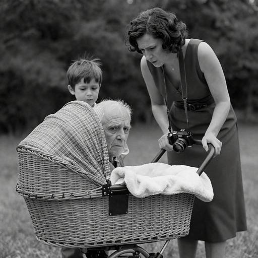 Distressed Elderly Man in Wicker Carriage