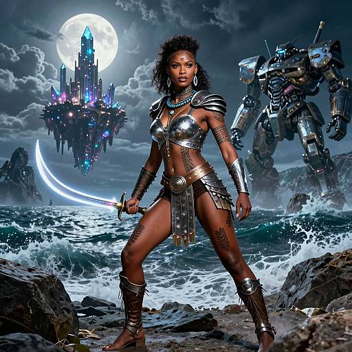 Digital art of a fierce, dark-skinned warrior woman with curly hair, metallic armor, and sword, standing on rocky shore under moonlit sky,