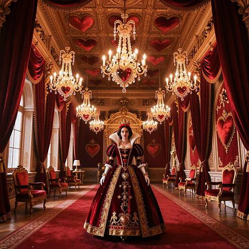 Photograph of a regal woman in an elaborate black and gold ball gown, standing in an opulent, red-carpeted room with heart-shaped