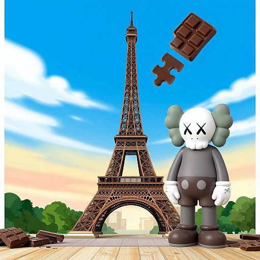 Digital artwork of a cartoon character with X eyes and gray ears standing before the Eiffel Tower, with floating chocolate and puzzle piece, under a bright