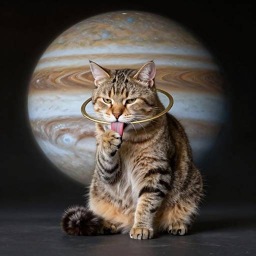 Photograph of a tabby cat with a gold hoop ring in its mouth, tongue out, against a backdrop of Jupiter.