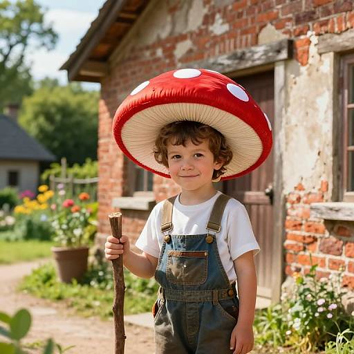 Boy in Mushroom Hat in Whimsical Village