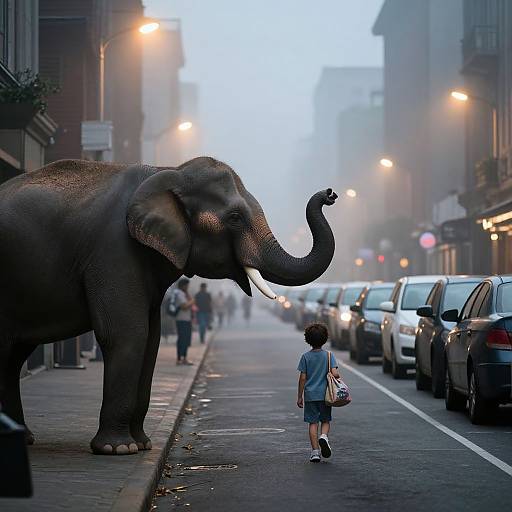 Photograph: Giant elephant on urban street, misty evening, boy in blue shirt and shorts walks nearby, cars parked on both sides.
