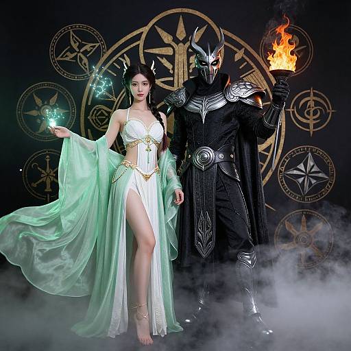 Digital fantasy artwork of a white-gowned sorceress with glowing green magic and a black-armored, horned warrior with a flaming torch.