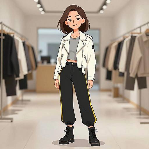 Digital anime-style drawing of a smiling woman with brown hair, wearing a white jacket, gray top, black pants with yellow stripes, and black boots,