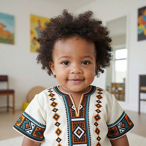 Photograph of a smiling African toddler with curly hair, wearing an ornate, white embroidered blouse with black, orange, and blue patterns, in a