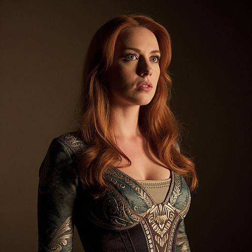 Photograph of a red-haired woman with fair skin, wearing an intricately embroidered dark blue dress, illuminated by dramatic lighting against a dark background.