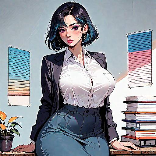 Anime Office Lady with Large Bust and Curvy Figure