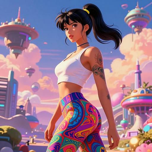 Digital art of a fit, tattooed woman with black hair in a ponytail, wearing a white crop top and vibrant psychedelic leggings, standing in a