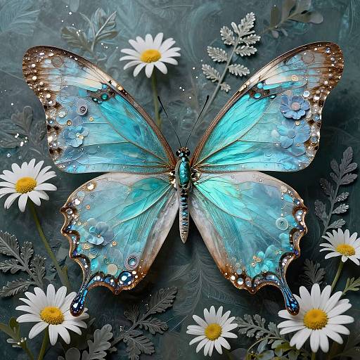 Digital artwork of a vibrant blue butterfly with iridescent wings adorned with dewdrops, surrounded by white daisies on a dark, textured floral background