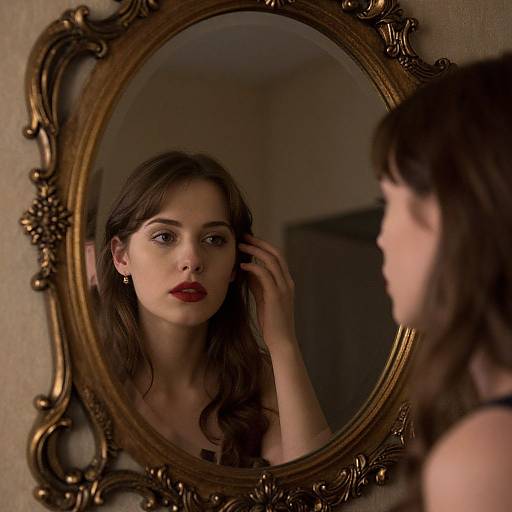 Photograph of a woman with long brown hair, red lipstick, and intense gaze, applying makeup in front of an ornate, gold-framed mirror