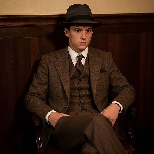 Photograph of a young Caucasian man in a brown three-piece suit, black tie, and fedora, sitting against a dark wooden wall, exuding