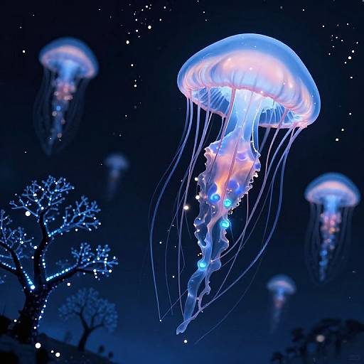 Photograph of glowing blue jellyfish with translucent bodies and long, flowing tentacles, floating in a dark, starry ocean night scene with silhou