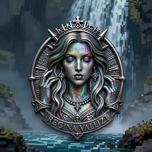 Digital artwork of a glowing, iridescent woman with flowing hair, surrounded by metallic runes, in front of a pixelated waterfall. 