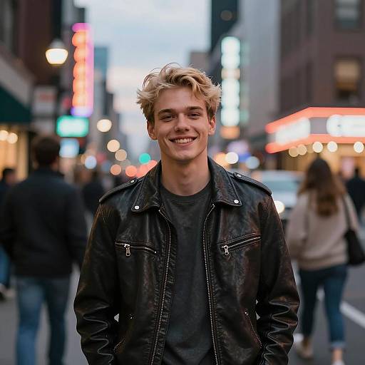 Young man smiling on city street at dusk