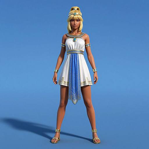 CGI image of a blonde woman with tan skin, wearing a white and blue ancient Egyptian-style dress, gold jewelry, and sandals, standing against a