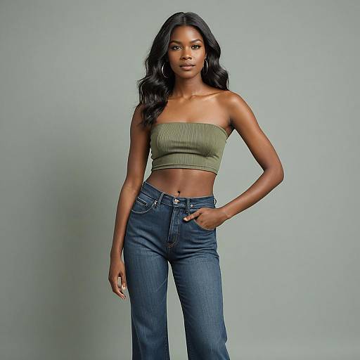 Confident Woman Wearing Olive Tube Top and Denim Jeans