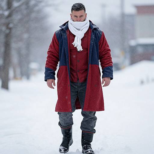 Photograph of a man in a red and navy coat, white scarf, black pants, and boots, standing in snowy outdoor setting.