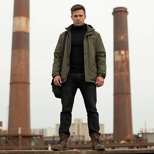 Photograph of a serious, short-haired man in an olive green jacket, black turtleneck, and jeans, standing between two rusted industrial smoke