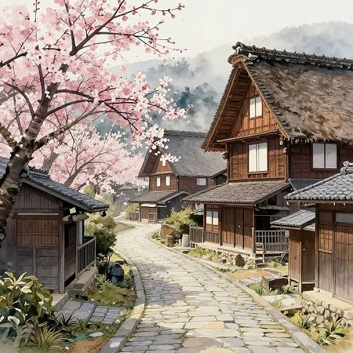 Digital illustration of a serene Japanese village street with cherry blossom trees, traditional wooden houses, and a stone path, bathed in soft sunlight.