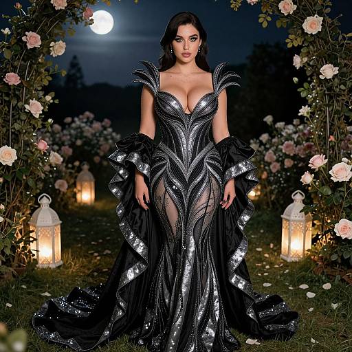 Photograph of a dark-haired woman in a revealing, black sequined gown with feathered shoulders, standing in a moonlit garden archway surrounded by