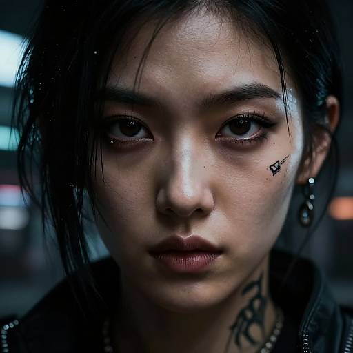 Close-up photograph of an East Asian woman with black hair, intense eyes, dark makeup, small black tattoo on right cheek, and dark necklace, set