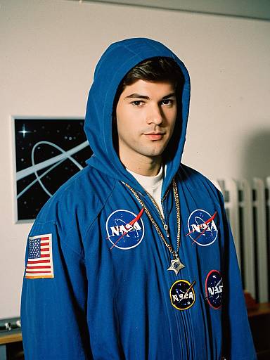Young Man in Blue NASA Costume Hoodie