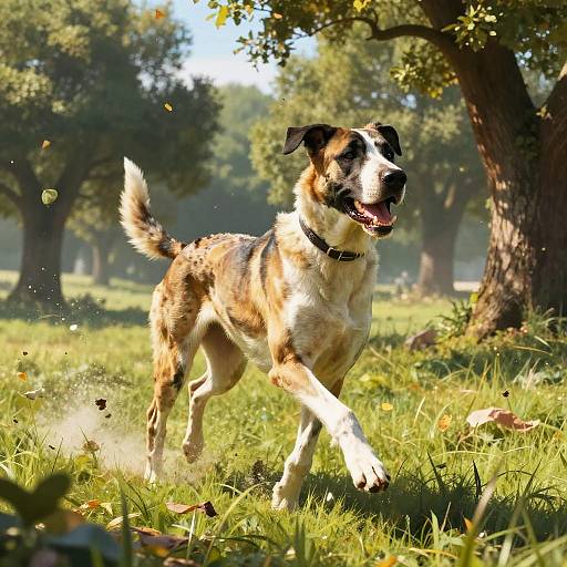 Photograph of a brown and white dog with a black patch on its head, running joyfully in a sunlit, grassy park with trees and