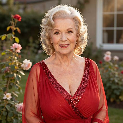 Photograph of an elderly woman with short, curly blonde hair in a red, sequined dress, smiling outdoors in a garden with blooming roses.