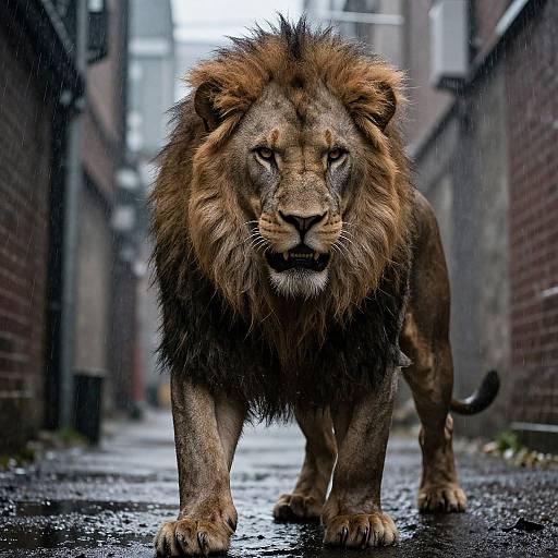 Photograph of a powerful, intense male lion with a large, dark mane, walking confidently down a wet, narrow alley between brick buildings on a rainy