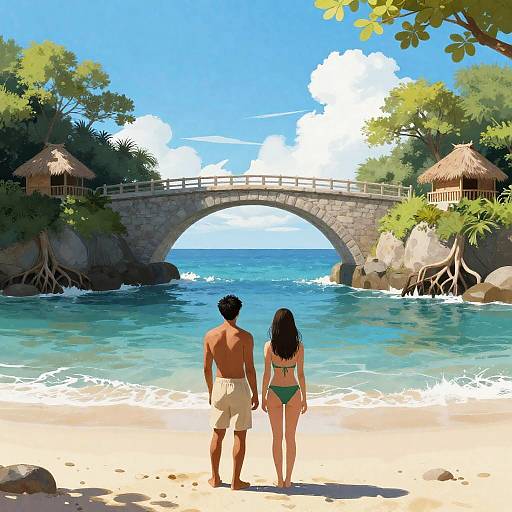 Beachfront Lovers Under a Stone Bridge