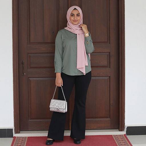 Young Woman in Pink Hijab and Green Shirt