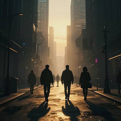 Digital artwork of a dark, urban street at sunset with silhouetted pedestrians walking towards a bright, glowing light at the end. Tall buildings flank