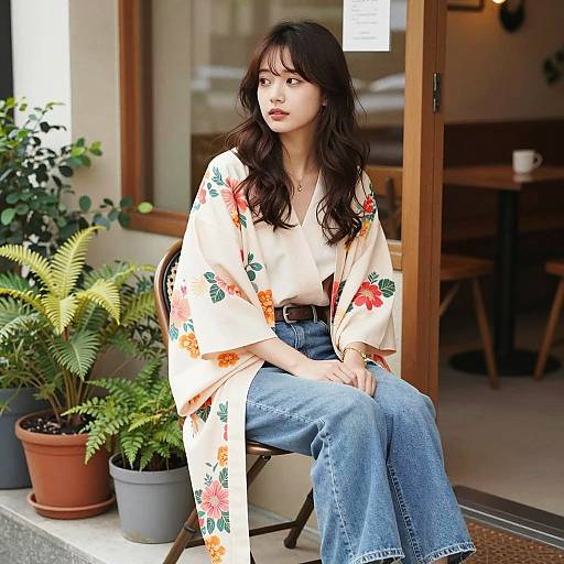 Young Woman in Floral Kimono Sitting Outside Café