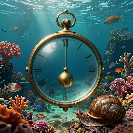 Photorealistic digital art of a gold pocket watch with Roman numerals, underwater among colorful coral reefs, fish, and a snail.