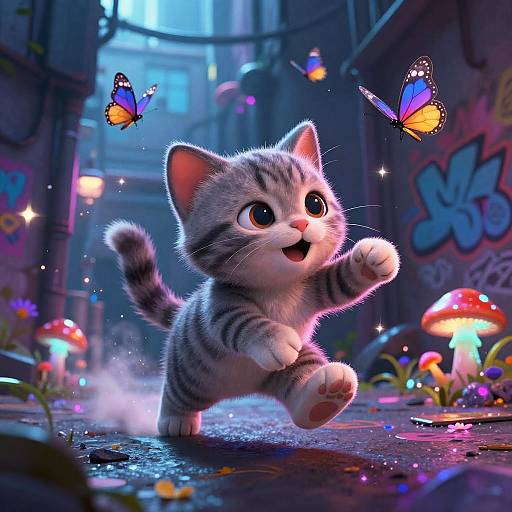 Digital illustration of a cute, wide-eyed, gray tabby kitten joyfully chasing colorful butterflies in a whimsical, neon-lit alley with glowing mushrooms