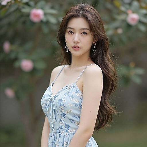 Photograph of an Asian woman with long, wavy brown hair, wearing a white floral dress and dangling earrings, standing outdoors with a blurred garden background