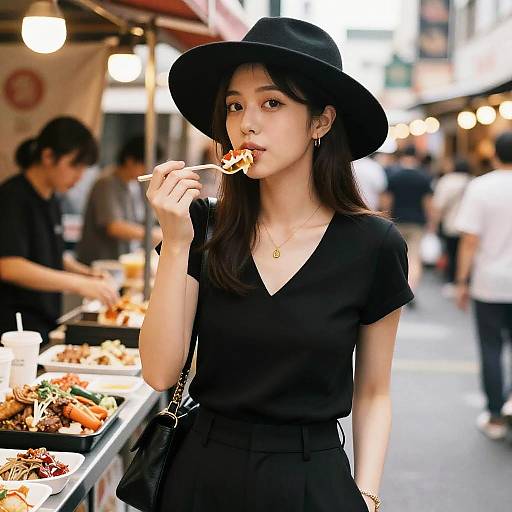 Chic Woman Enjoying Street Food