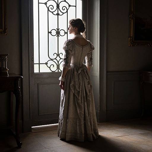 Photograph of a woman in a vintage, intricately patterned gown standing in front of a sunlit, ornate glass door, casting dramatic shadows