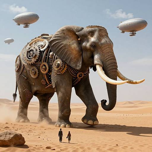 Photorealistic CGI: Giant, gear-adorned elephant with white tusks in desert, three small figures below, three airships in blue sky