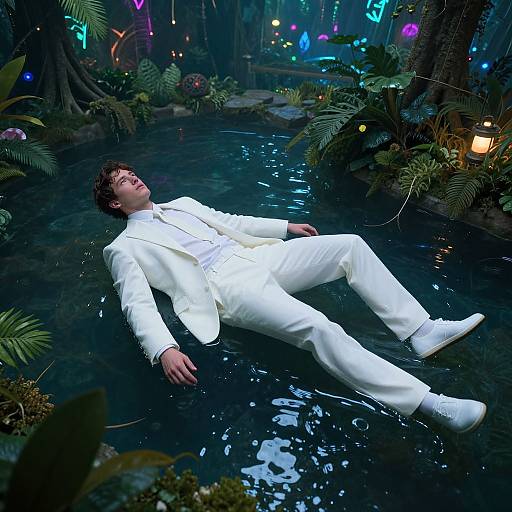Photograph of a man in a white suit, lying in a dark, glowing forest pool, surrounded by neon lights and plants.