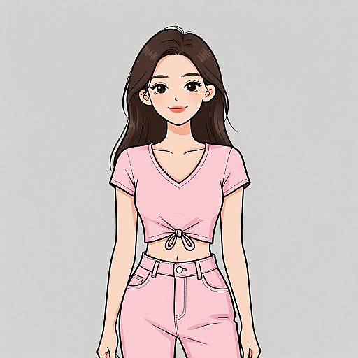 Digital anime-style drawing of a smiling young woman with long black hair, wearing a pink cropped t-shirt and pink high-waisted pants, against a